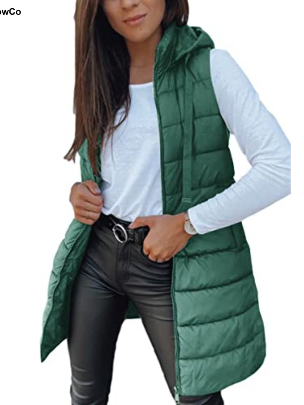 Women's Long Puffer Vest Sleeveless Hooded Polyester Winter Outwear Casual